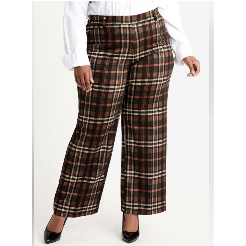 Ashley Stewart Plaid Power Ponte Wide-Leg Pants Womens Sz 18R Stretch Fall